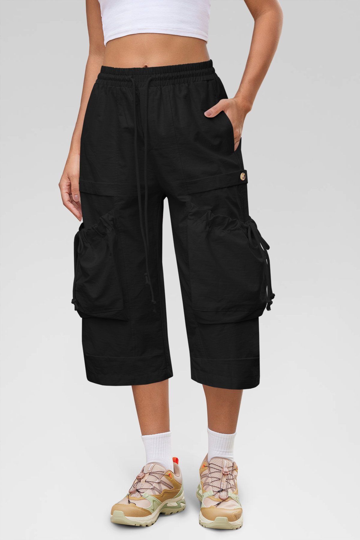 Aoysky Womens Black Cargo Capri Pants