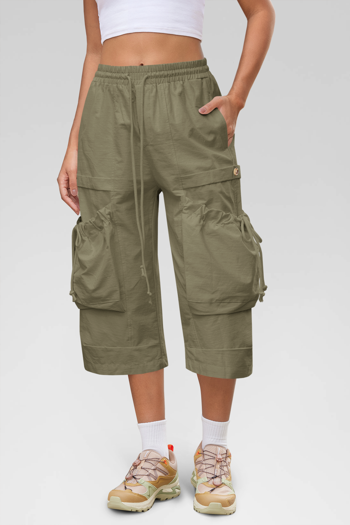 Aoysky Womens Army Green Cargo Capri Pants