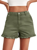 Aoysky Womens Army Green Ruffle Denim Shorts