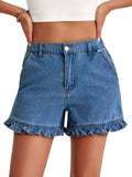 Aoysky Womens Jean Blue Ruffle Denim Shorts
