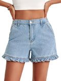 Aoysky Womens Light Blue Ruffle Denim Shorts