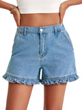 Aoysky Womens Blue Ruffle Denim Shorts