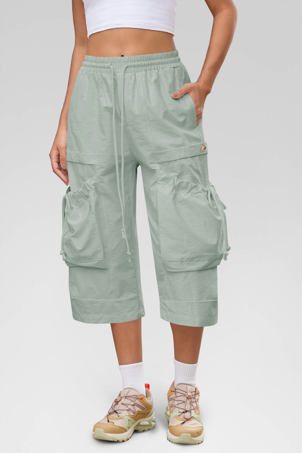 Aoysky Womens Light Grey Cargo Capri Pants