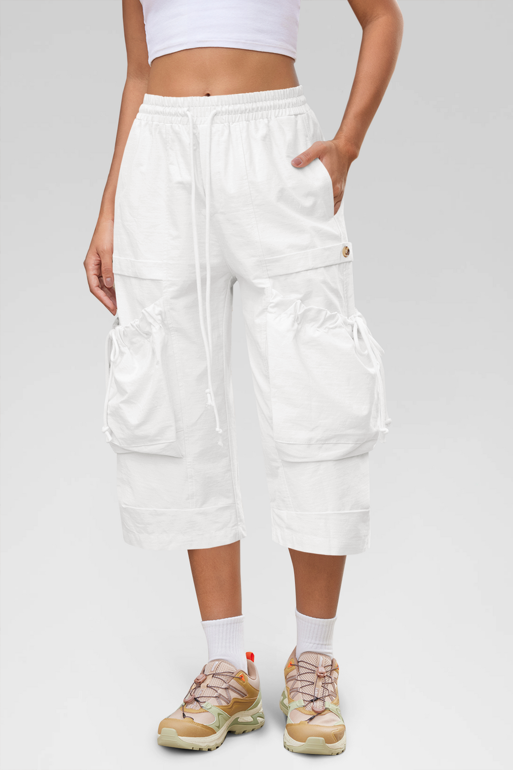 Aoysky Womens White Cargo Capri Pants