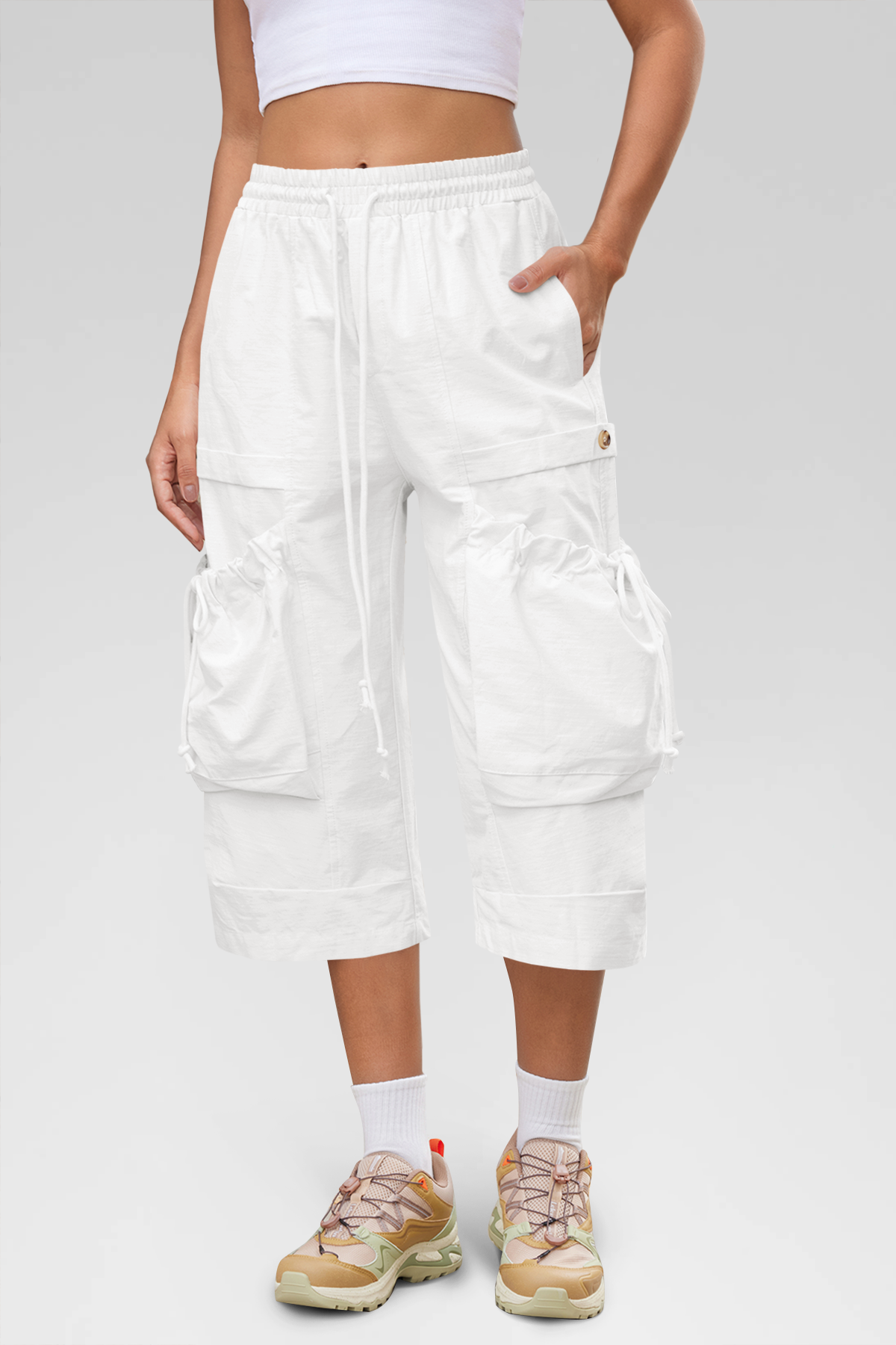 Aoysky Womens White Cargo Capri Pants