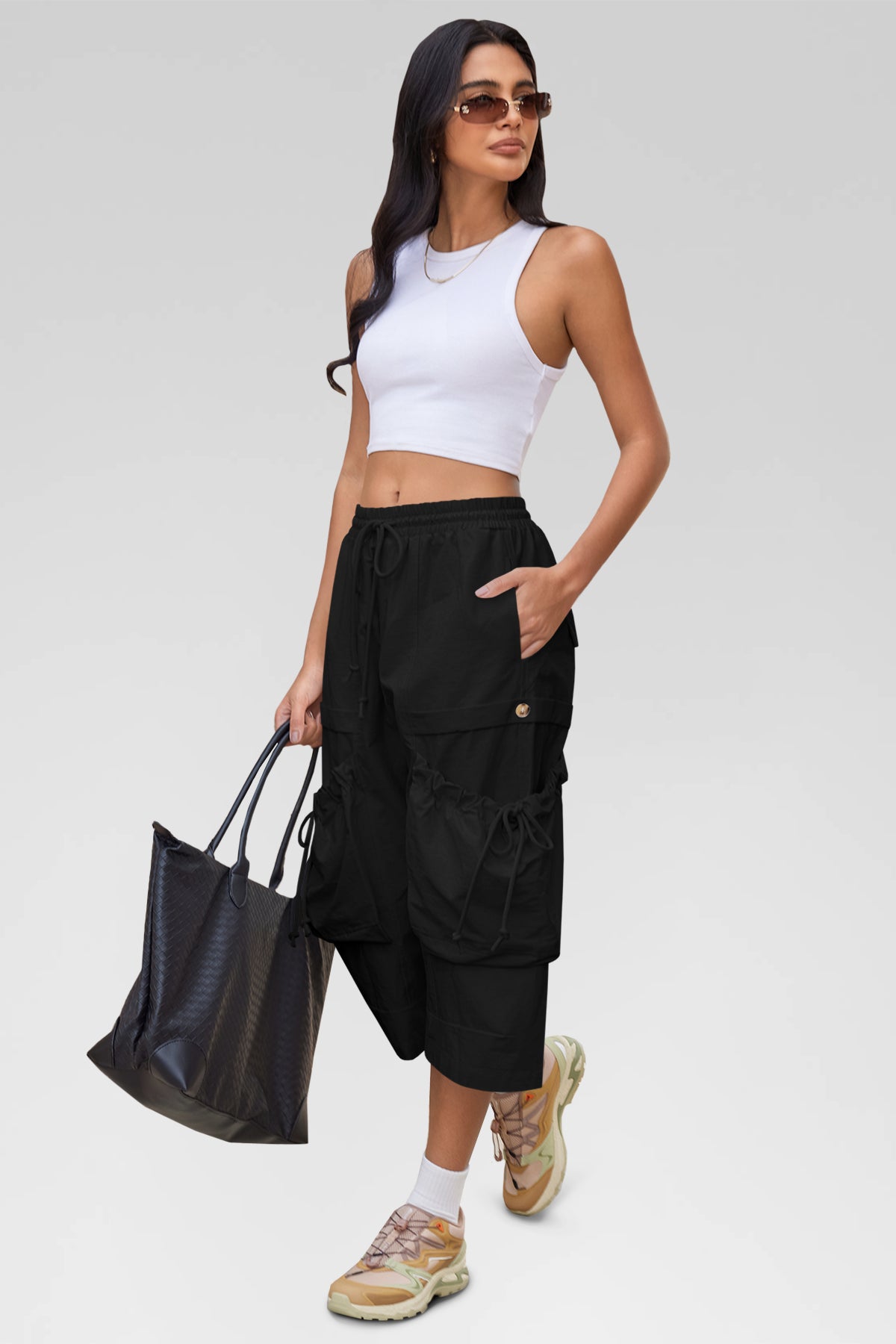 Aoysky Womens Black Cargo Capri Pants