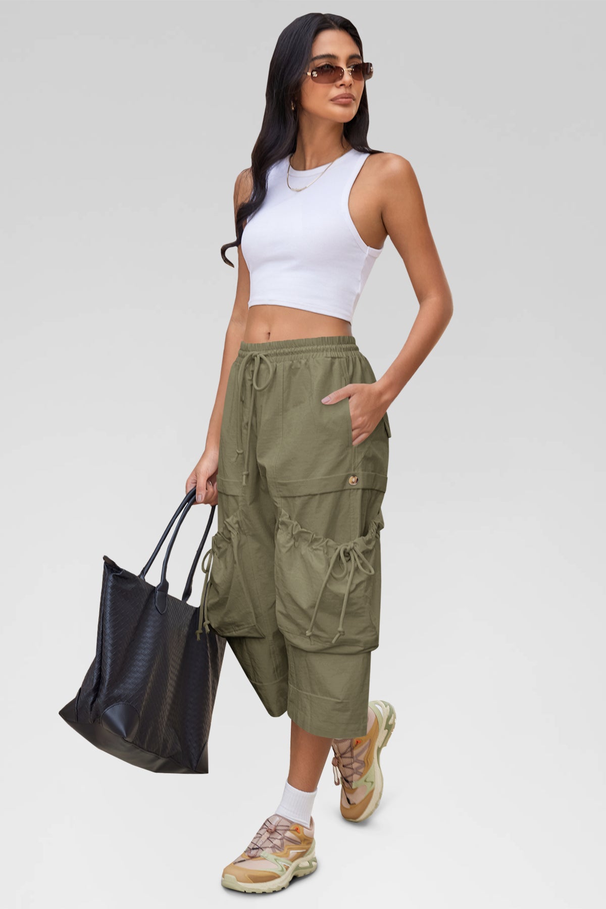 Aoysky Womens Army Green Cargo Capri Pants