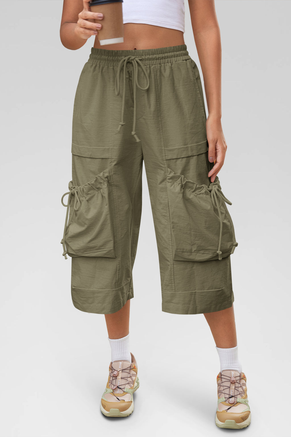 Aoysky Womens Army Green Cargo Capri Pants