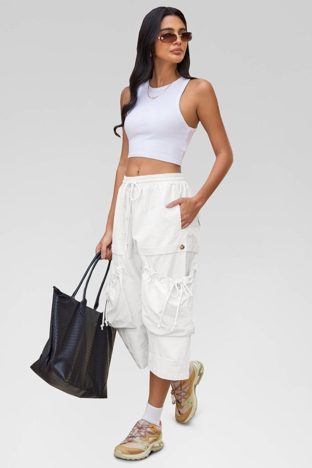 Aoysky Womens White Cargo Capri Pants