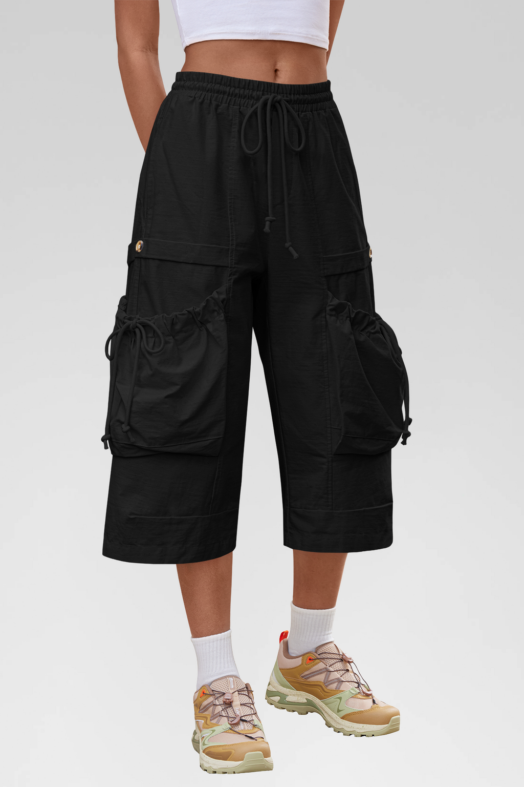 Aoysky Womens Black Cargo Capri Pants