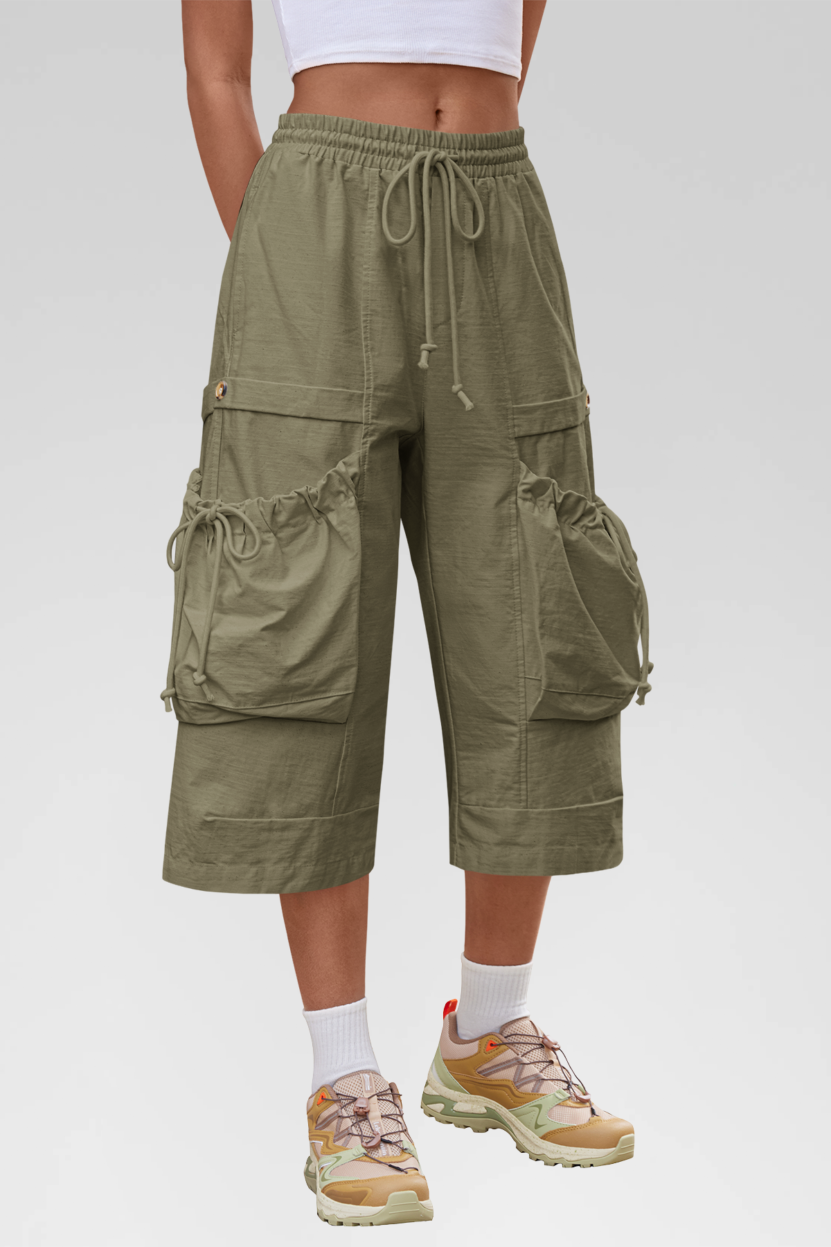 Aoysky Womens Army Green Cargo Capri Pants