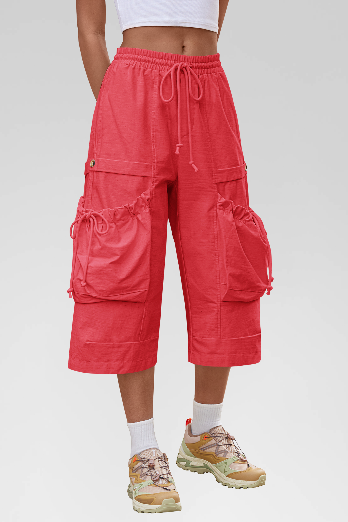 Aoysky Womens Red Cargo Capri Pants