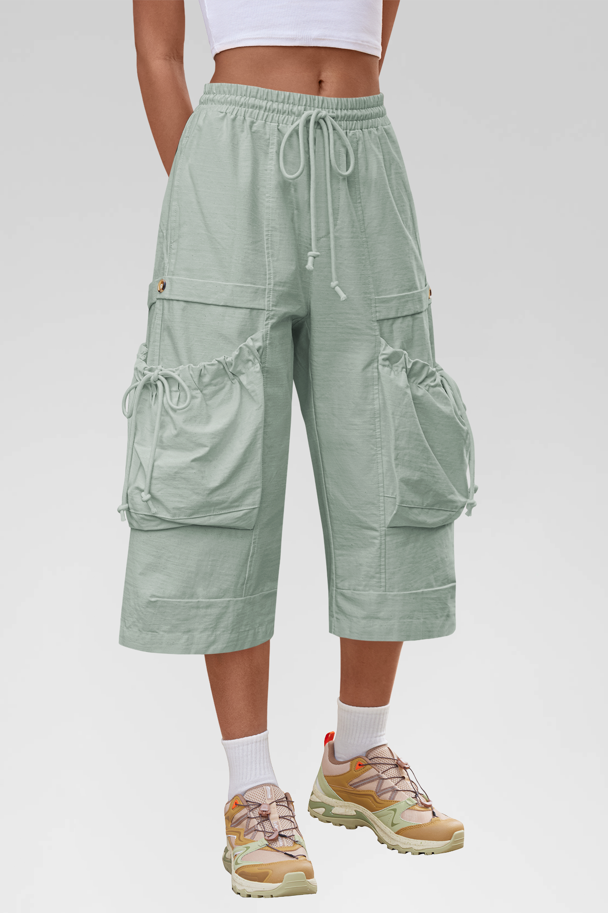Aoysky Womens Light Grey Cargo Capri Pants