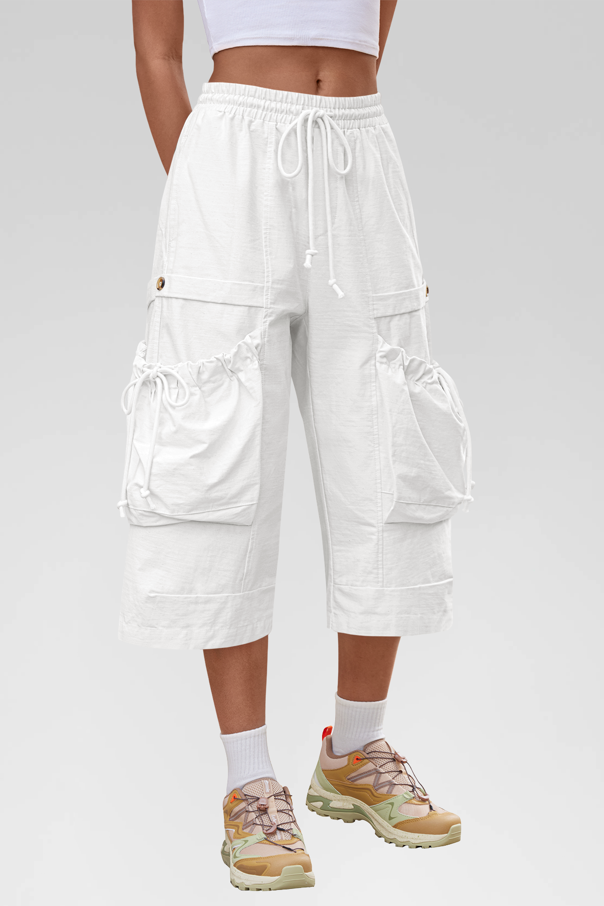 Aoysky Womens White Cargo Capri Pants