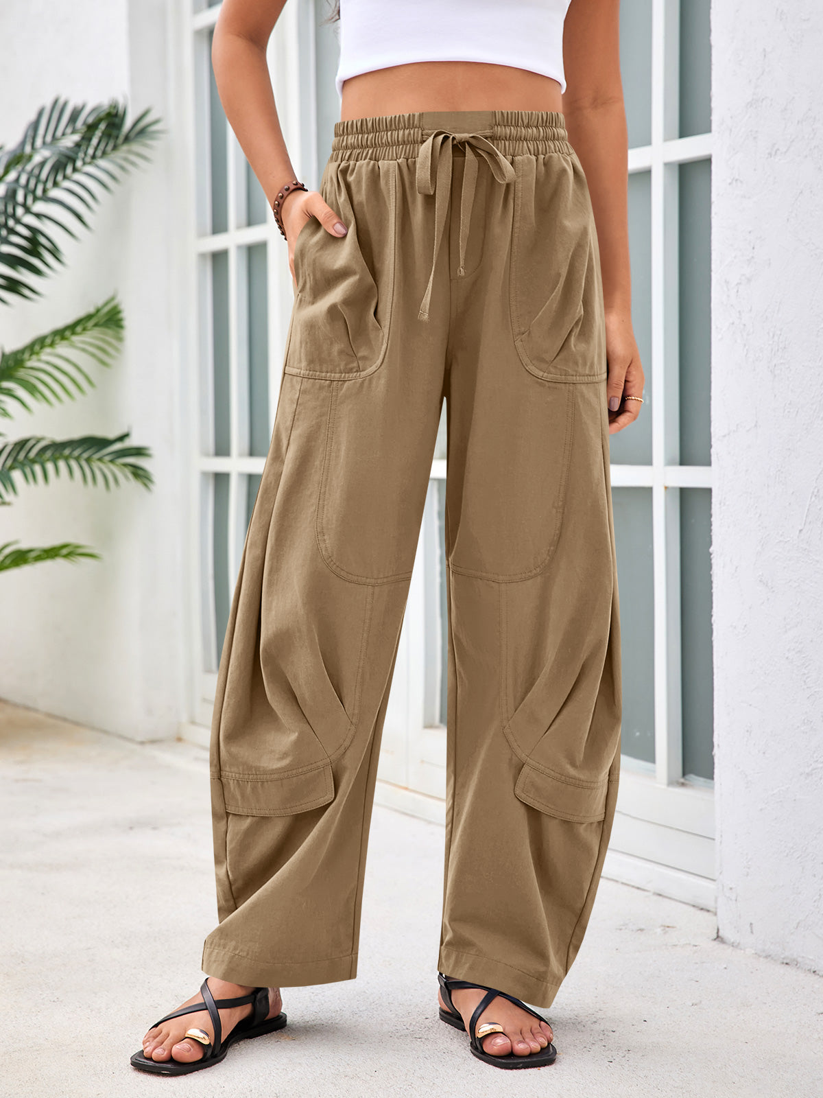 Aoysky Womens Khaki Cotton Barrel Pants