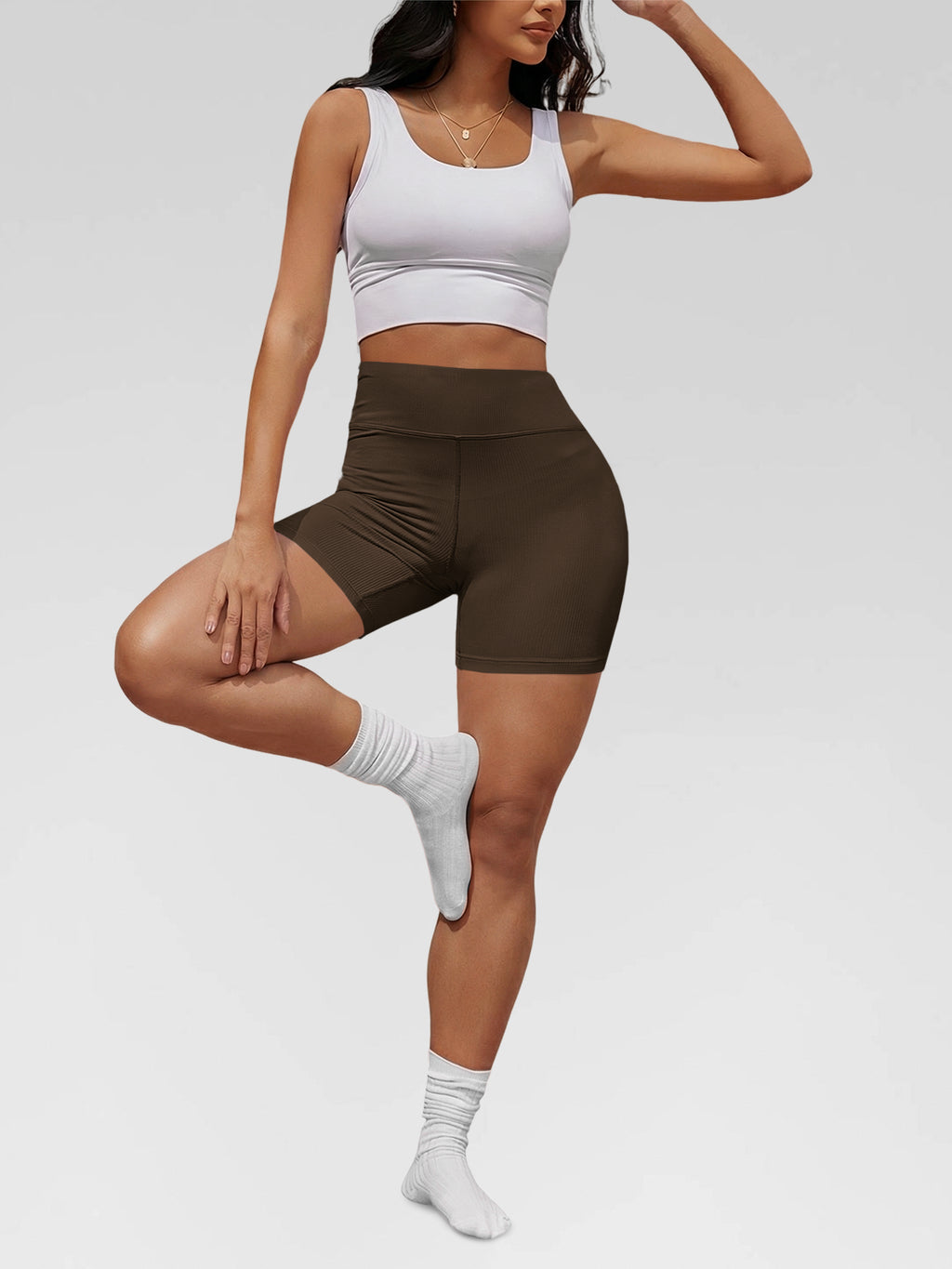 Aoysky Womens Brown Ribbed Biker Shorts
