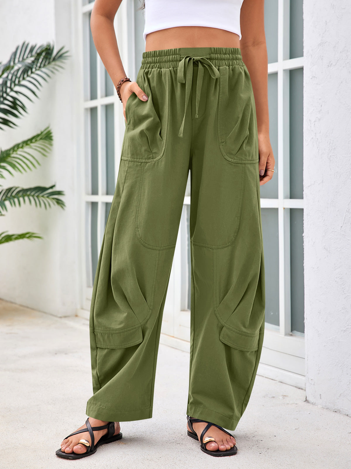 Aoysky Womens Army Green Cotton Barrel Pants