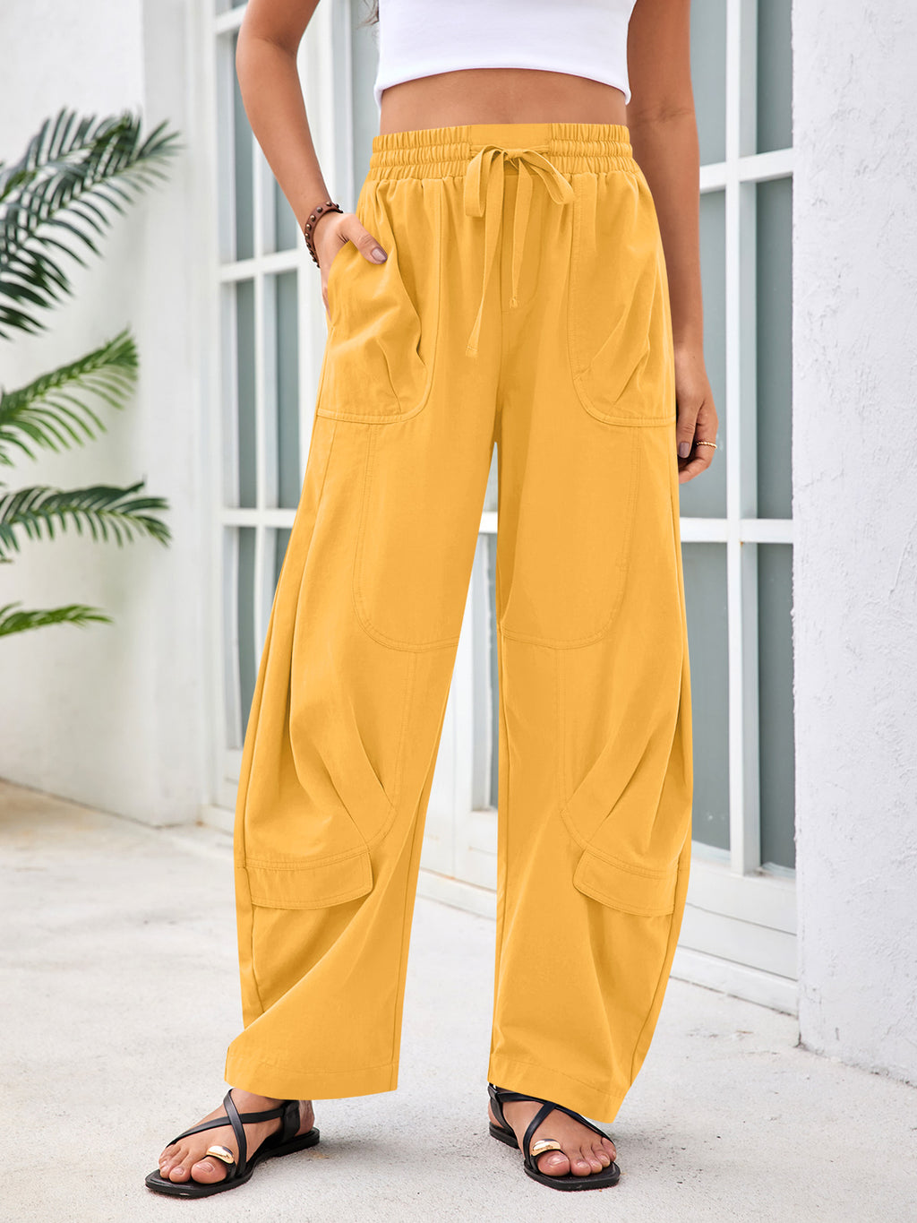Aoysky Womens Yellow Cotton Barrel Pants