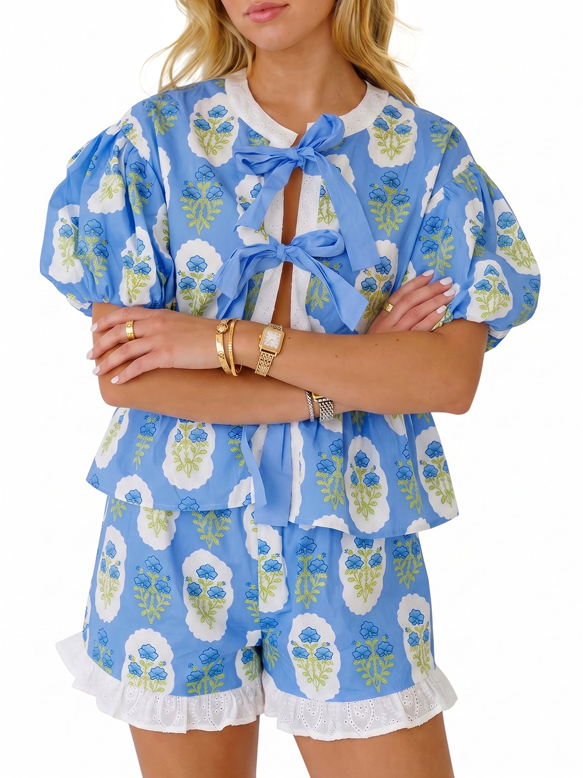 Aoysky Womens Blue Floral Ruffle Short Set