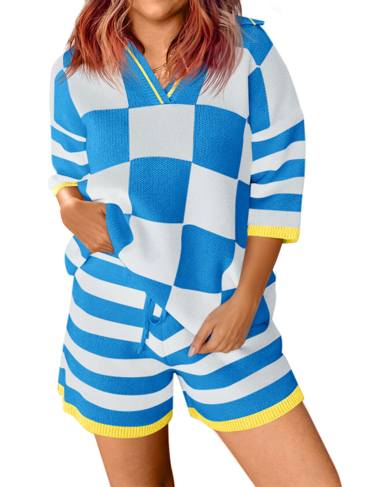 Aoysky Womens Blue Striped Knit Short Set