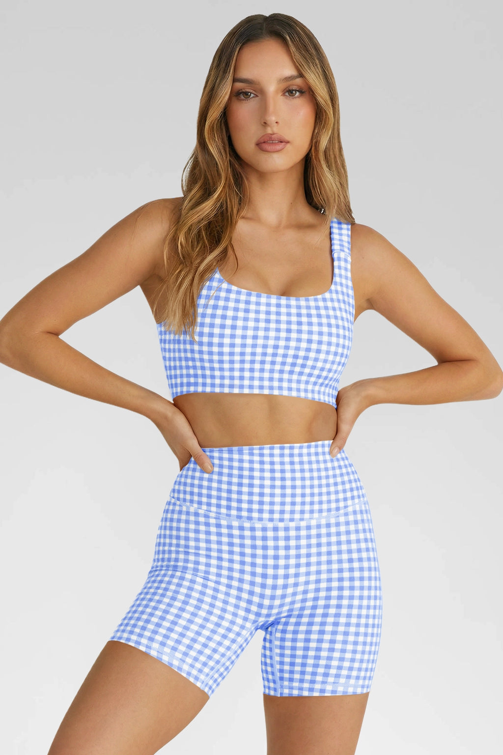 Aoysky Womens Blue Gingham Workout Set