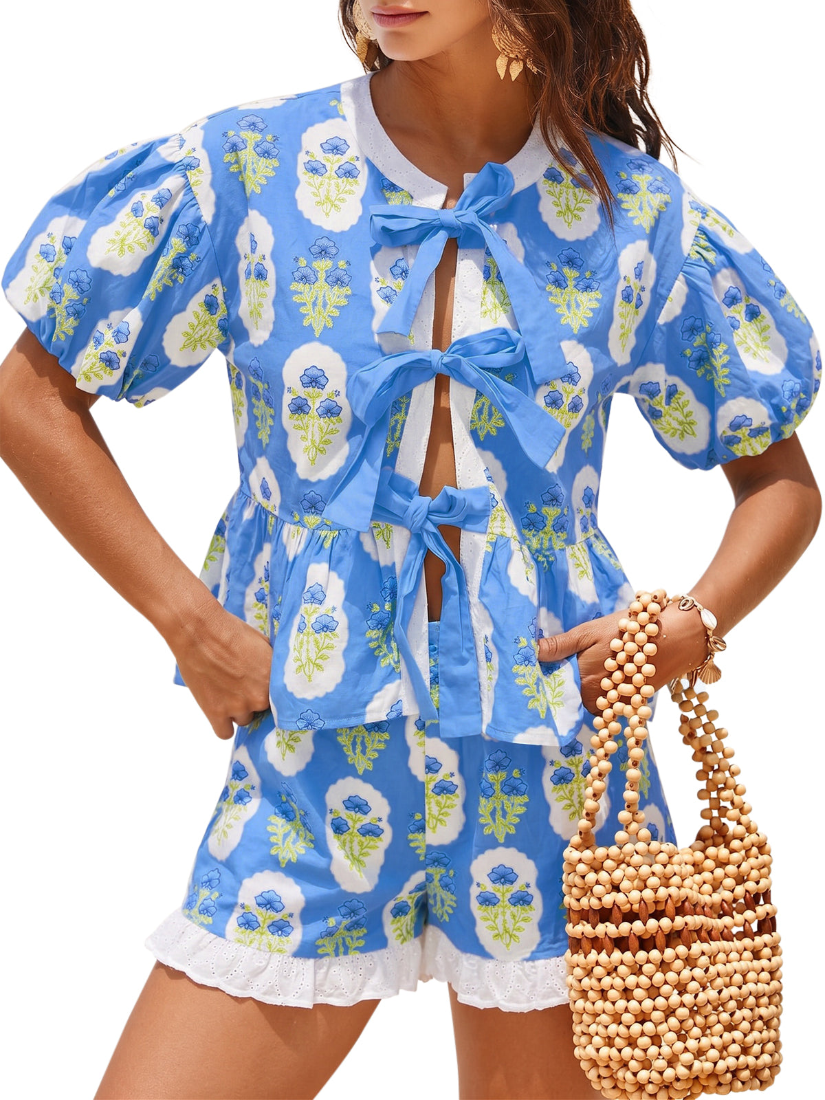 Aoysky Womens Blue Floral Ruffle Short Set