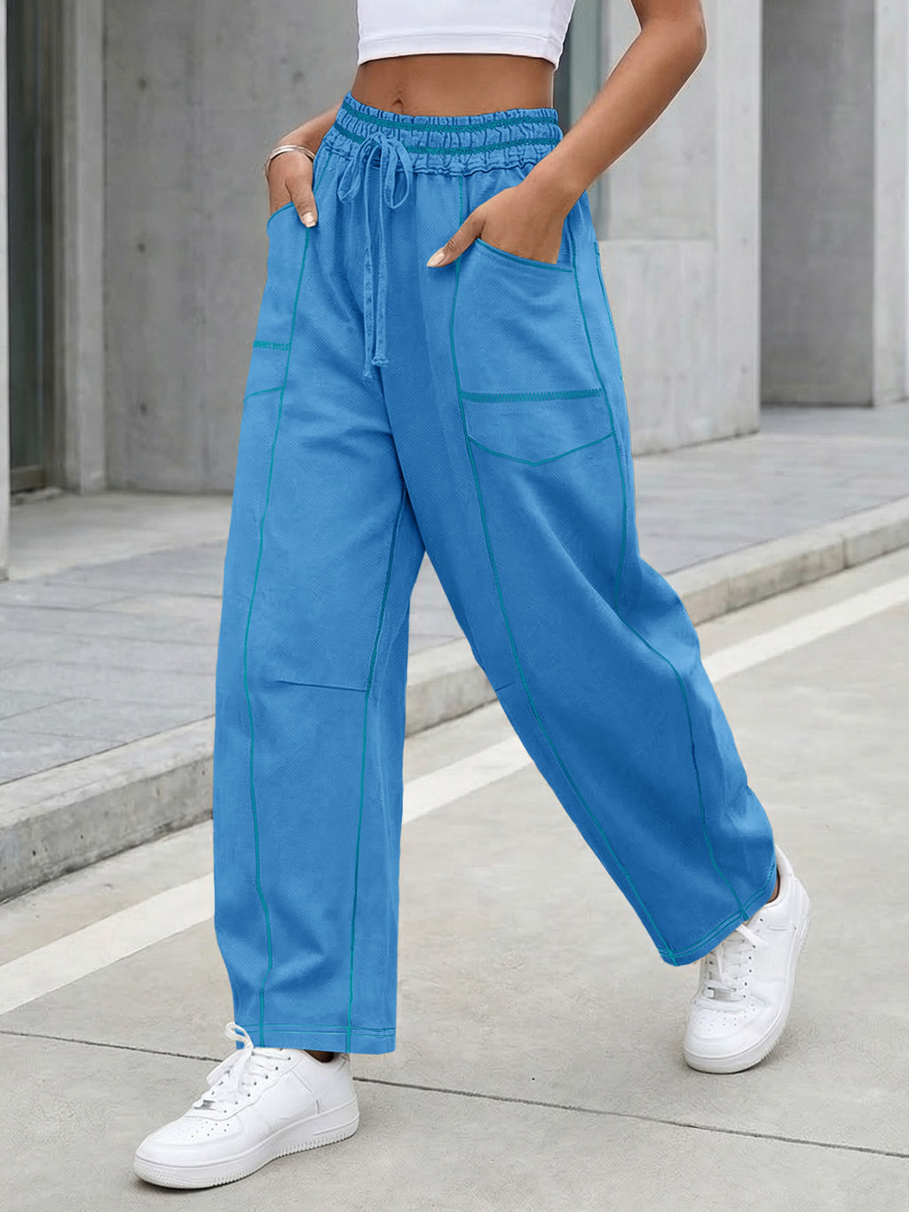 Aoysky Womens Blue Wide Leg Barrel Pants