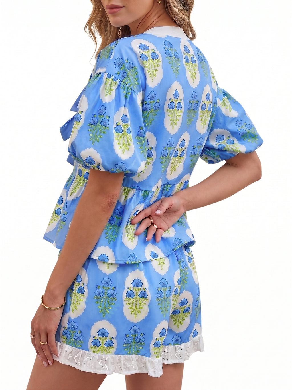 Aoysky Womens Blue Floral Ruffle Short Set