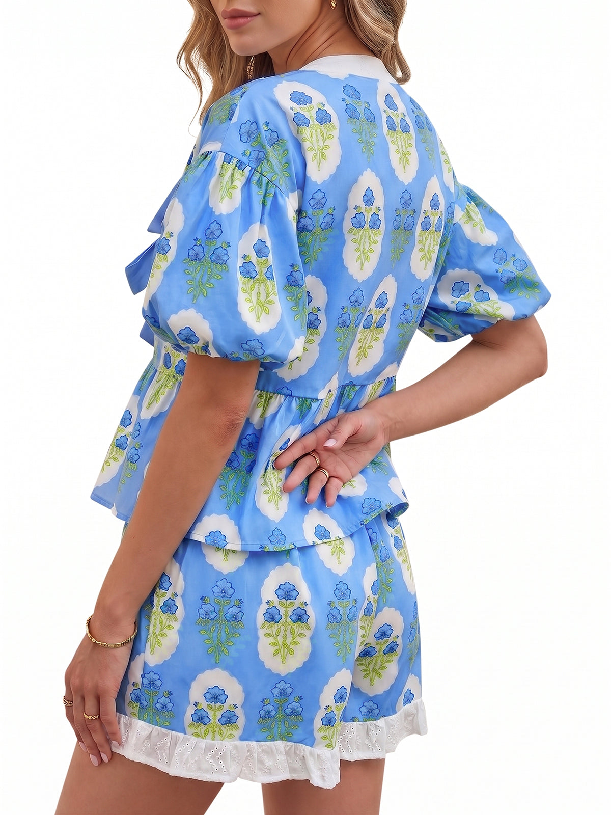 Aoysky Womens Blue Floral Ruffle Short Set