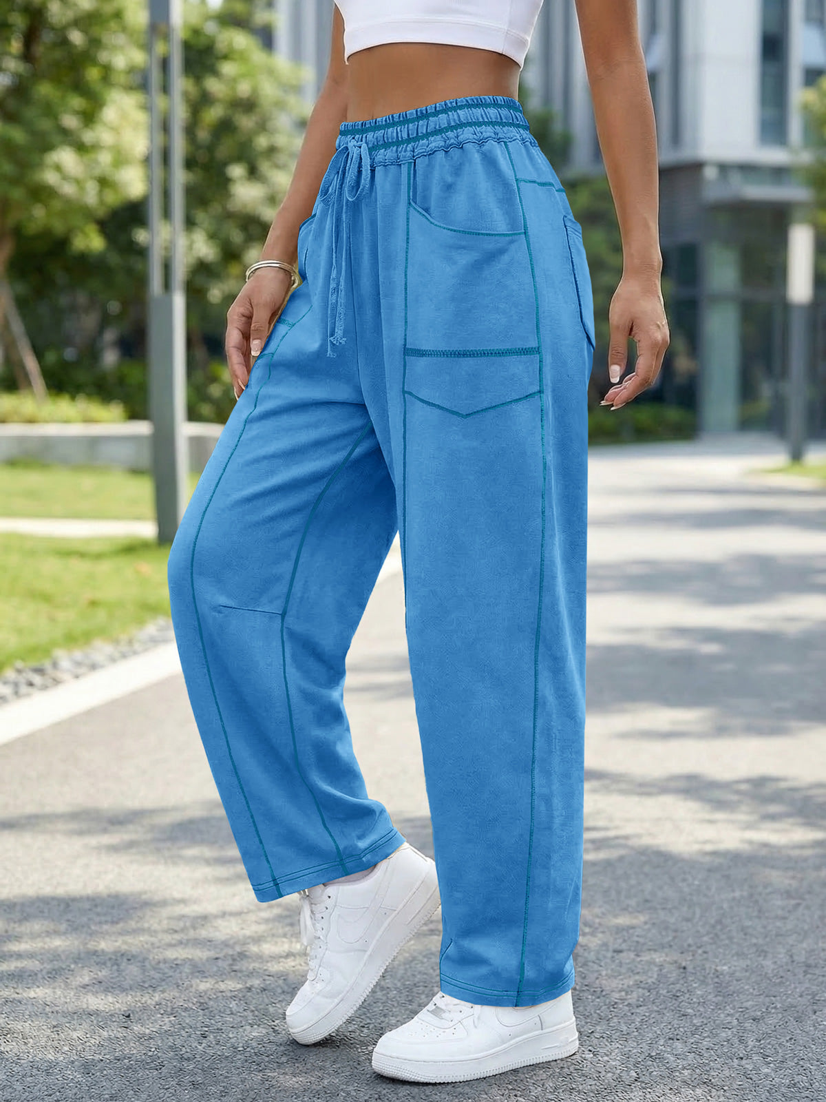 Aoysky Womens Blue Wide Leg Barrel Pants