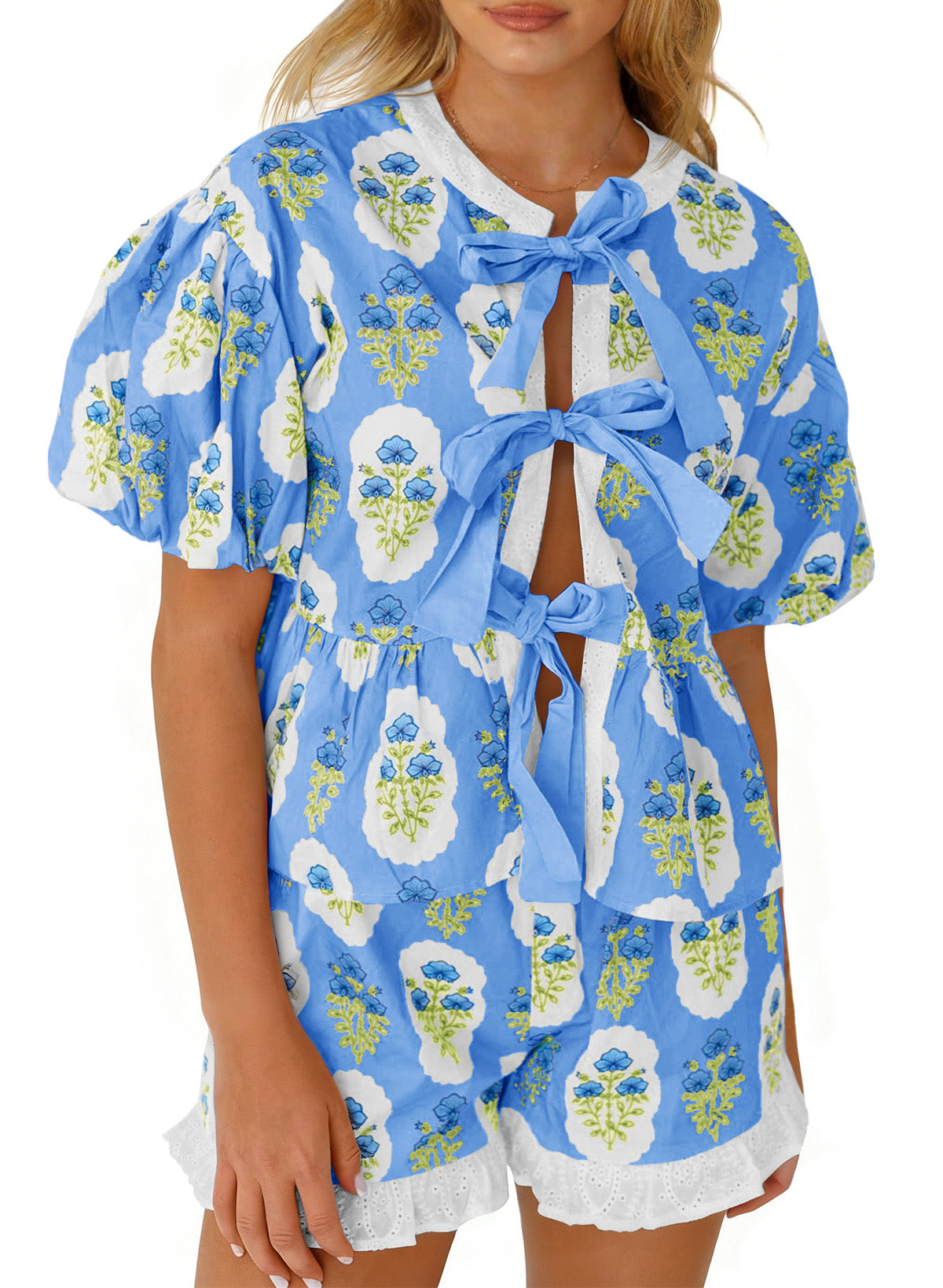 Aoysky Womens Blue Floral Ruffle Short Set