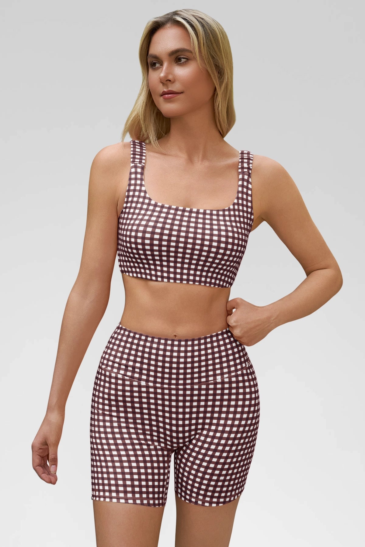 Aoysky Womens Brown Gingham Workout Set