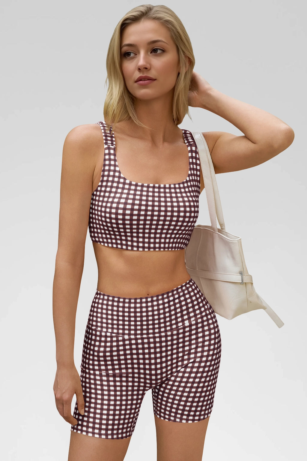 Aoysky Womens Brown Gingham Workout Set