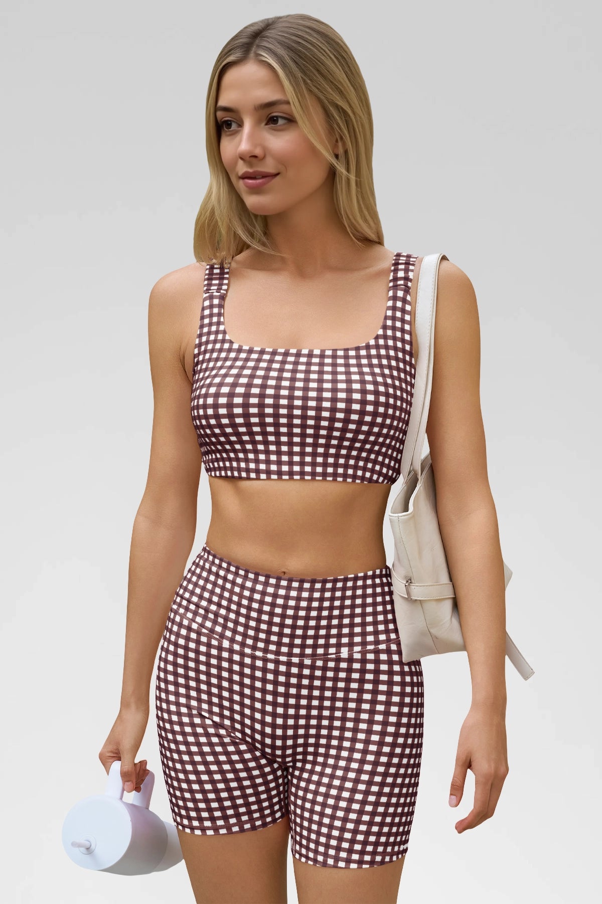 Aoysky Womens Brown Gingham Workout Set