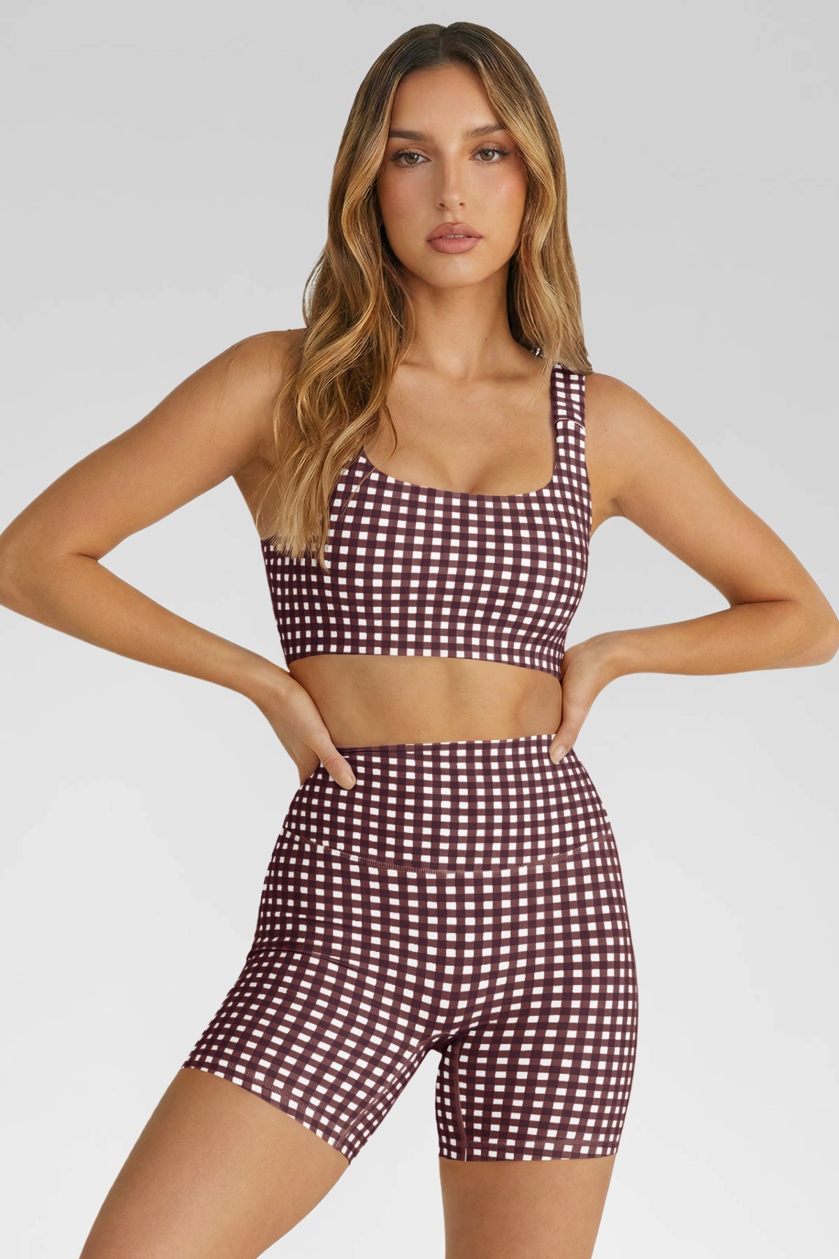 Aoysky Womens Brown Gingham Workout Set