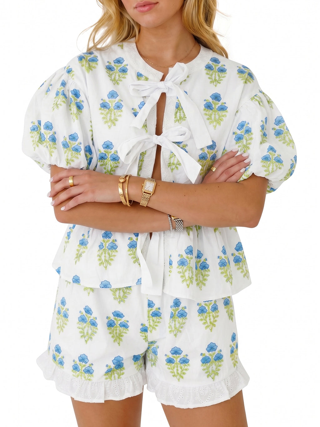Aoysky Womens White Floral Ruffle Short Set