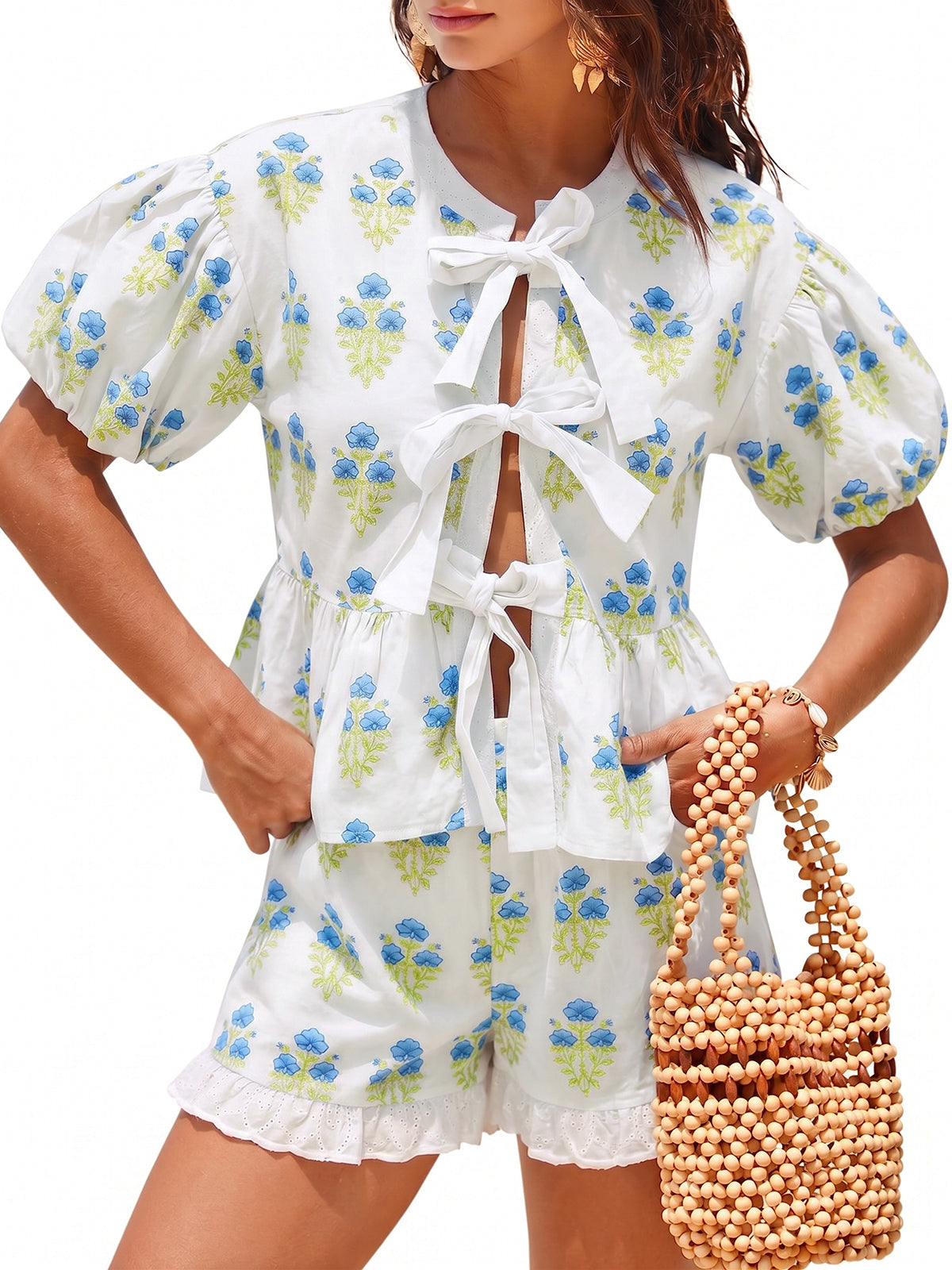Aoysky Womens White Floral Ruffle Short Set