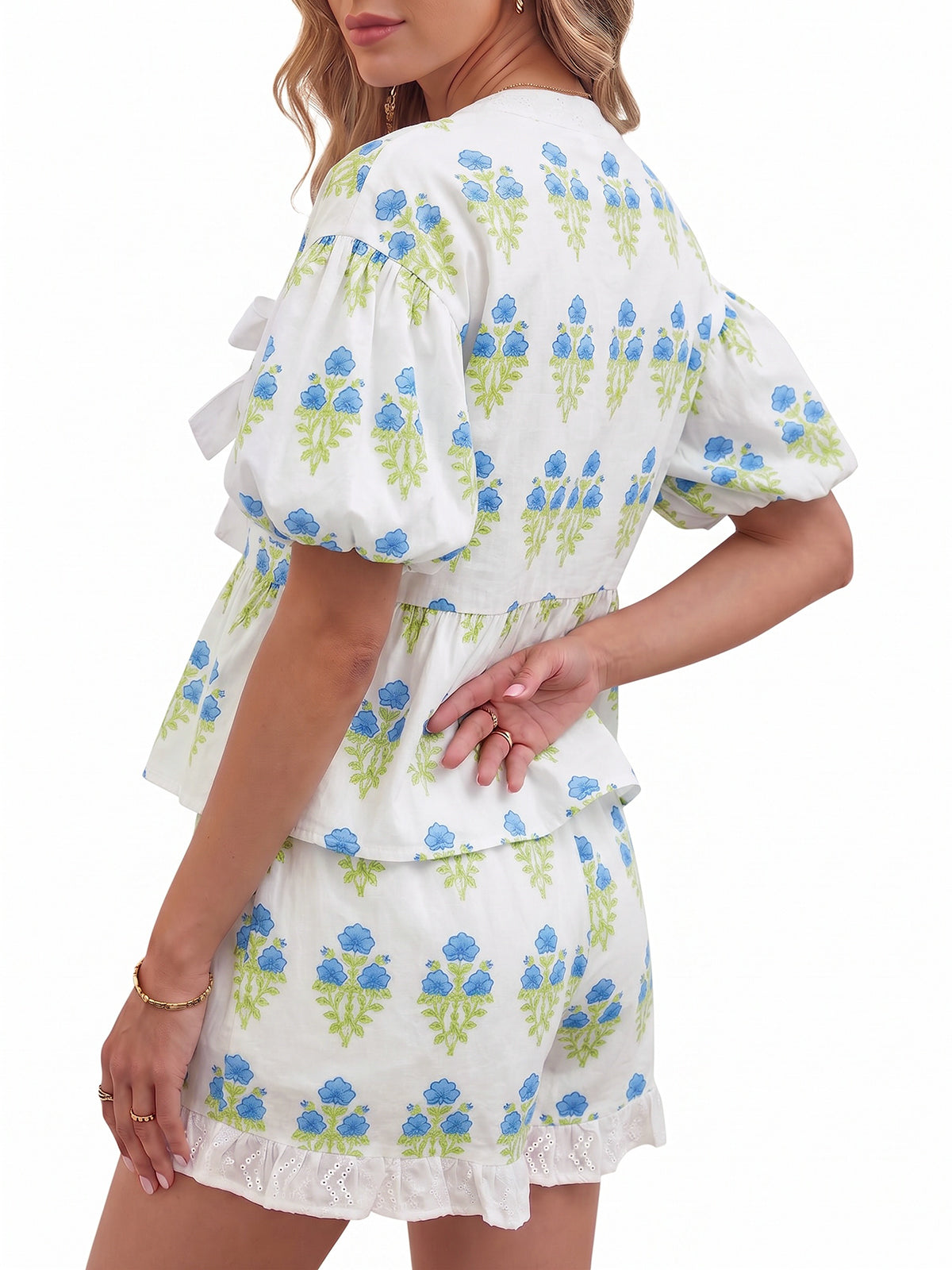 Aoysky Womens White Floral Ruffle Short Set