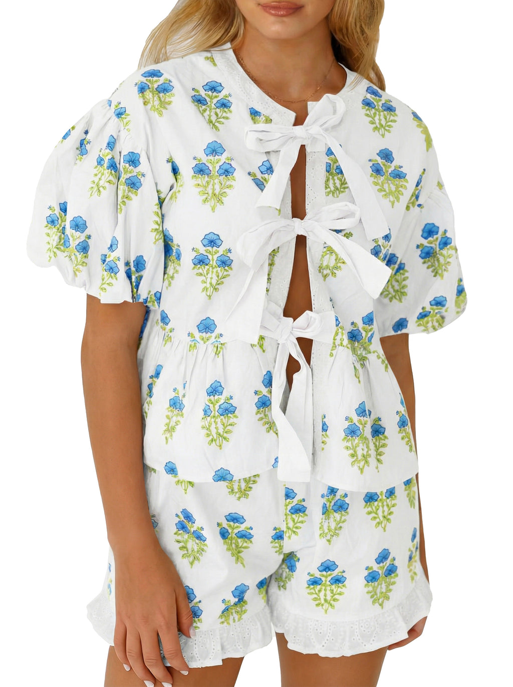 Aoysky Womens White Floral Ruffle Short Set