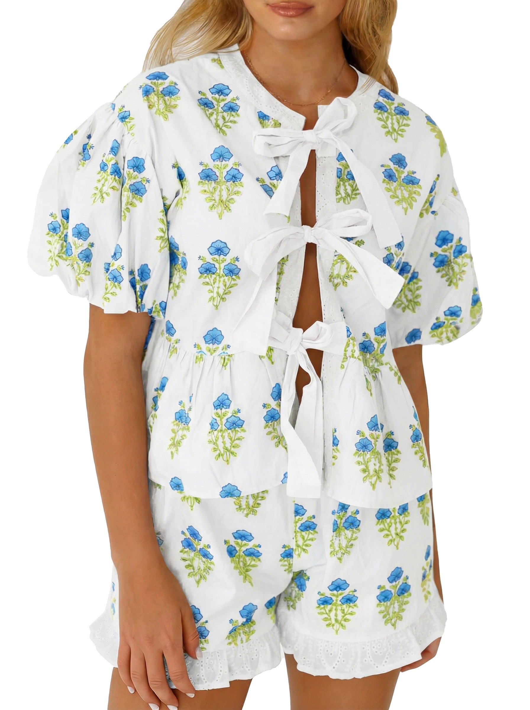 Aoysky Womens White Floral Ruffle Short Set