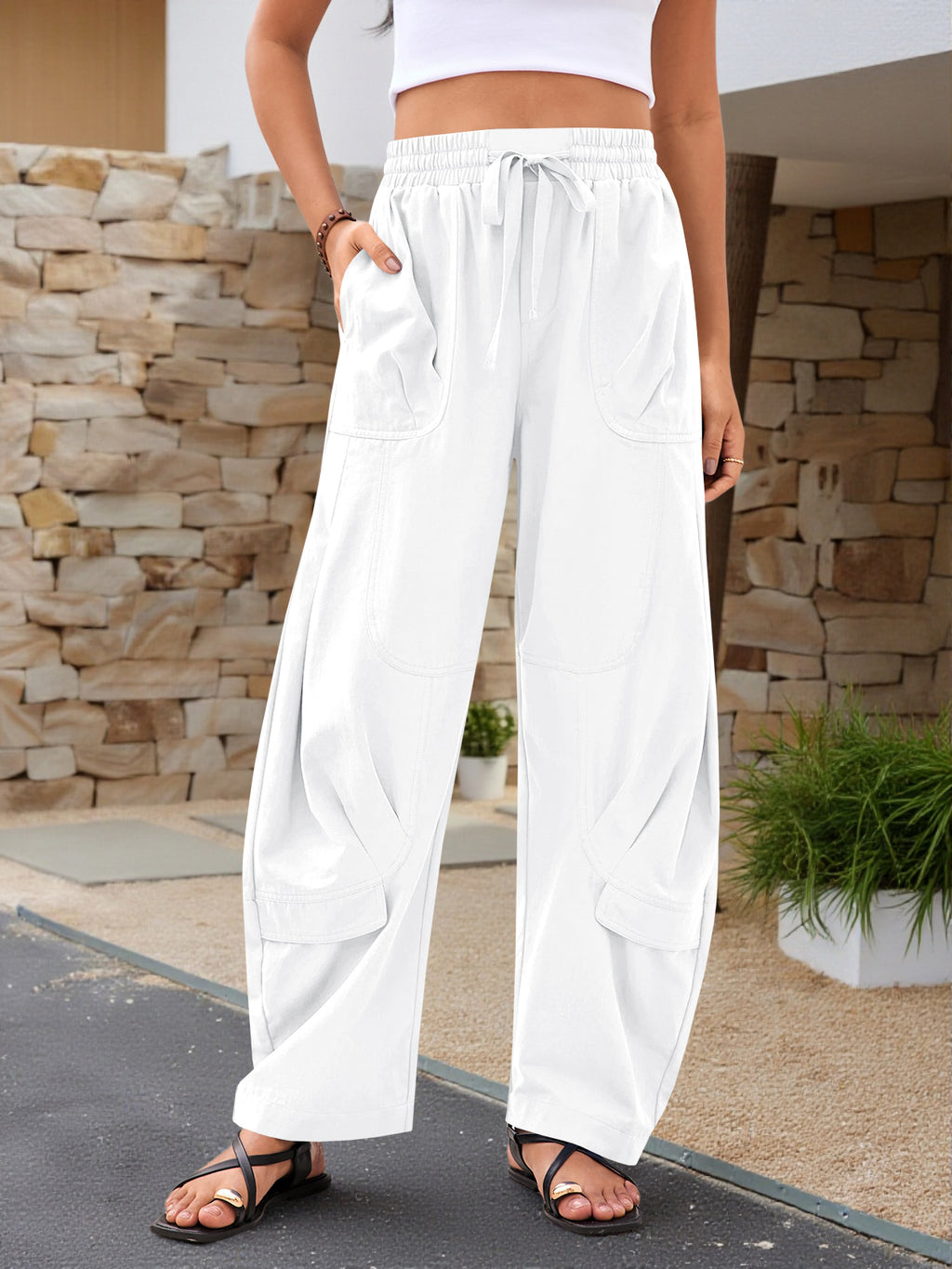 Aoysky Womens White Cotton Barrel Pants