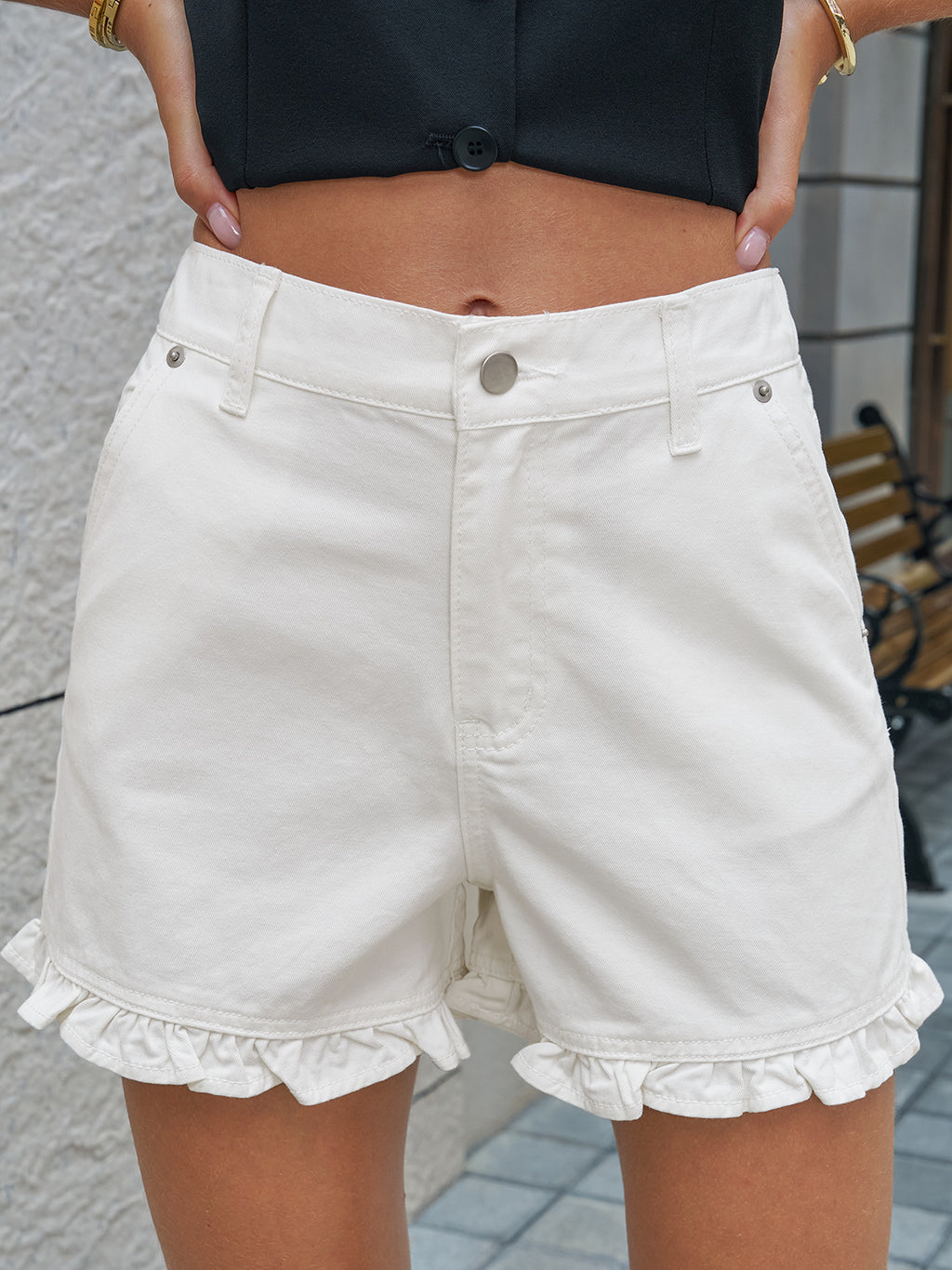 Aoysky Womens White Ruffle Denim Shorts