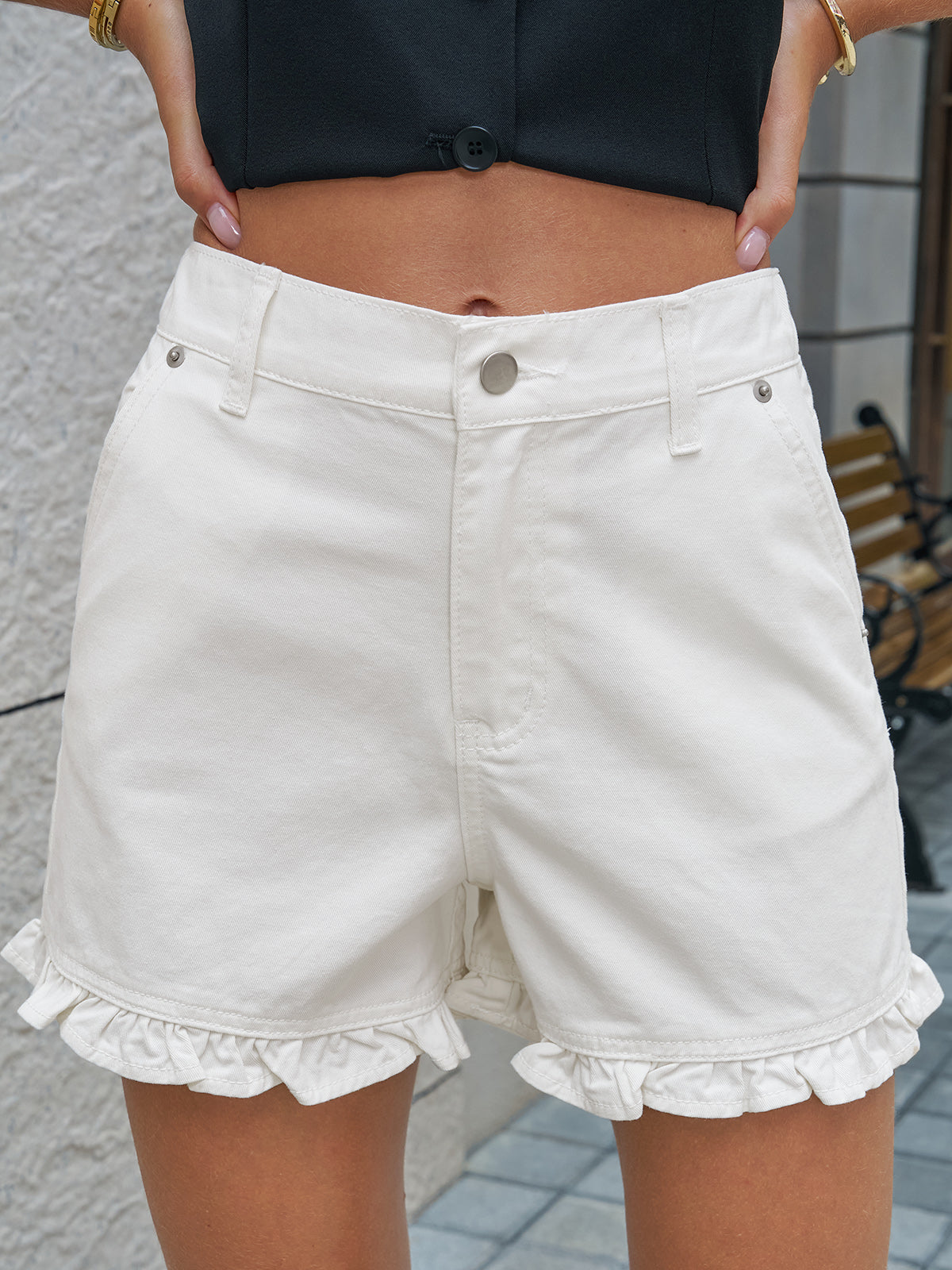 Aoysky Womens White Ruffle Denim Shorts