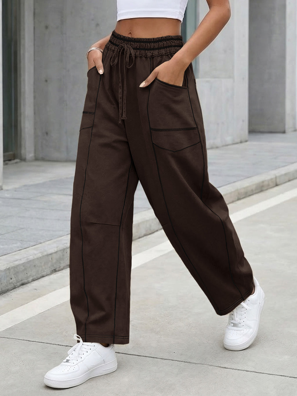 Aoysky Womens Coffee Wide Leg Barrel Pants
