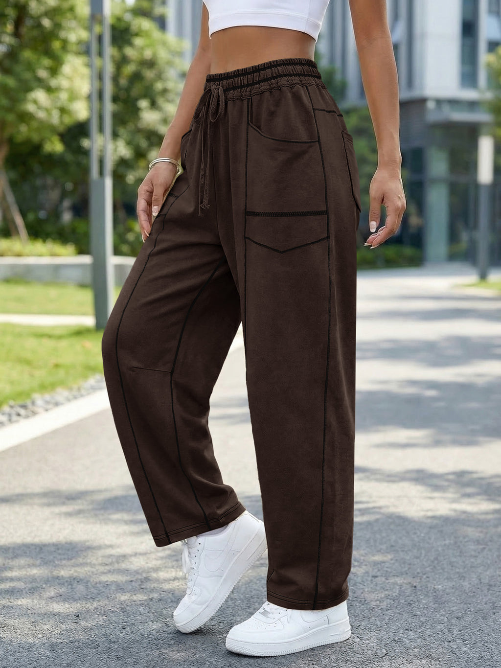 Aoysky Womens Coffee Wide Leg Barrel Pants