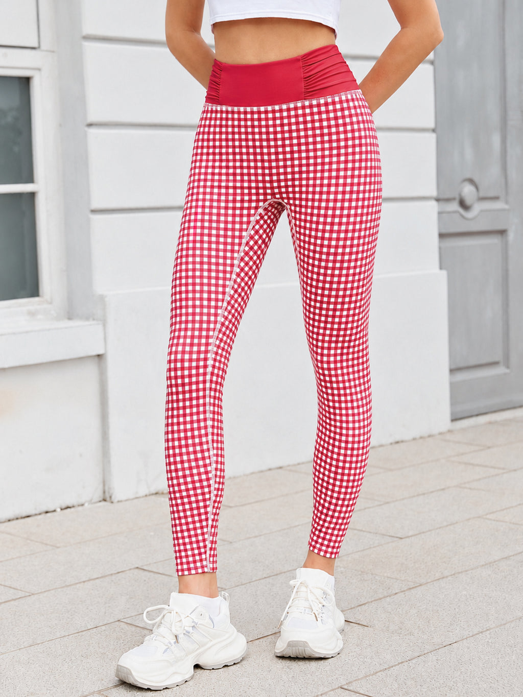 Aoysky Womens Plaid Ruched Yoga Leggings