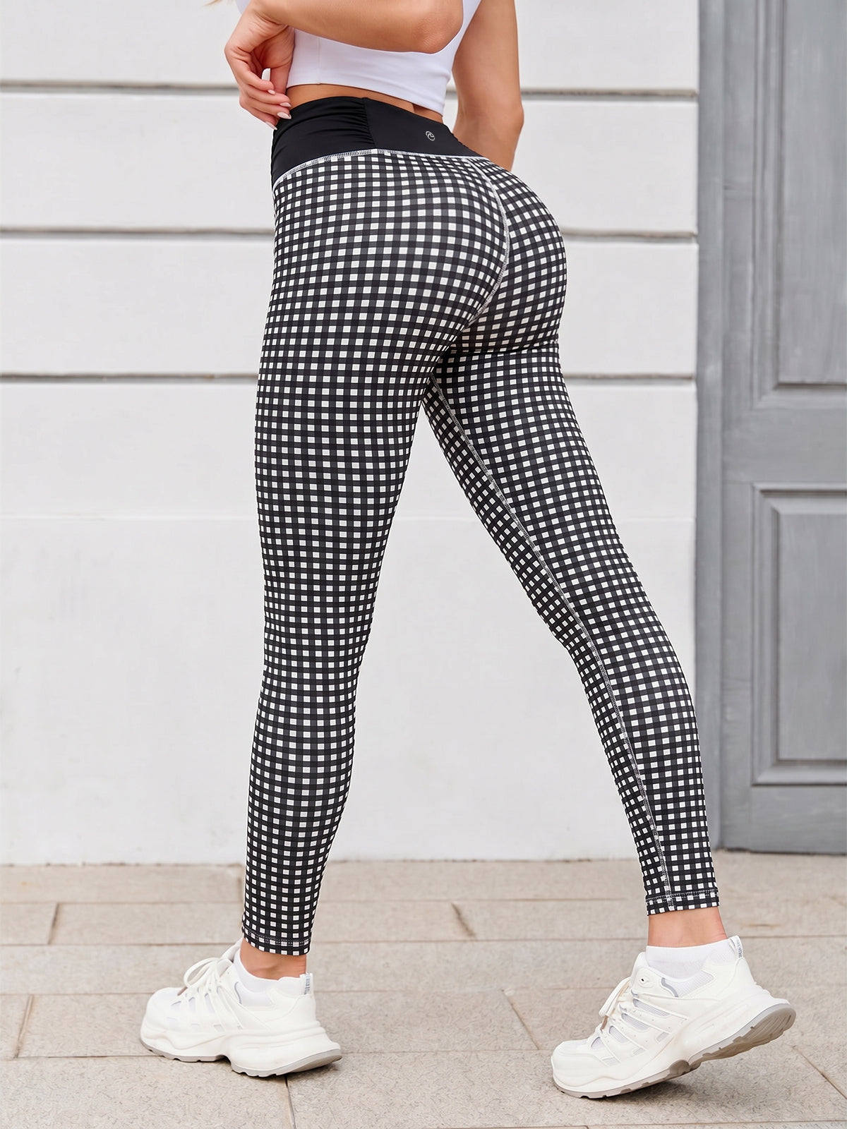 Aoysky Womens Black Plaid Ruched Yoga Leggings