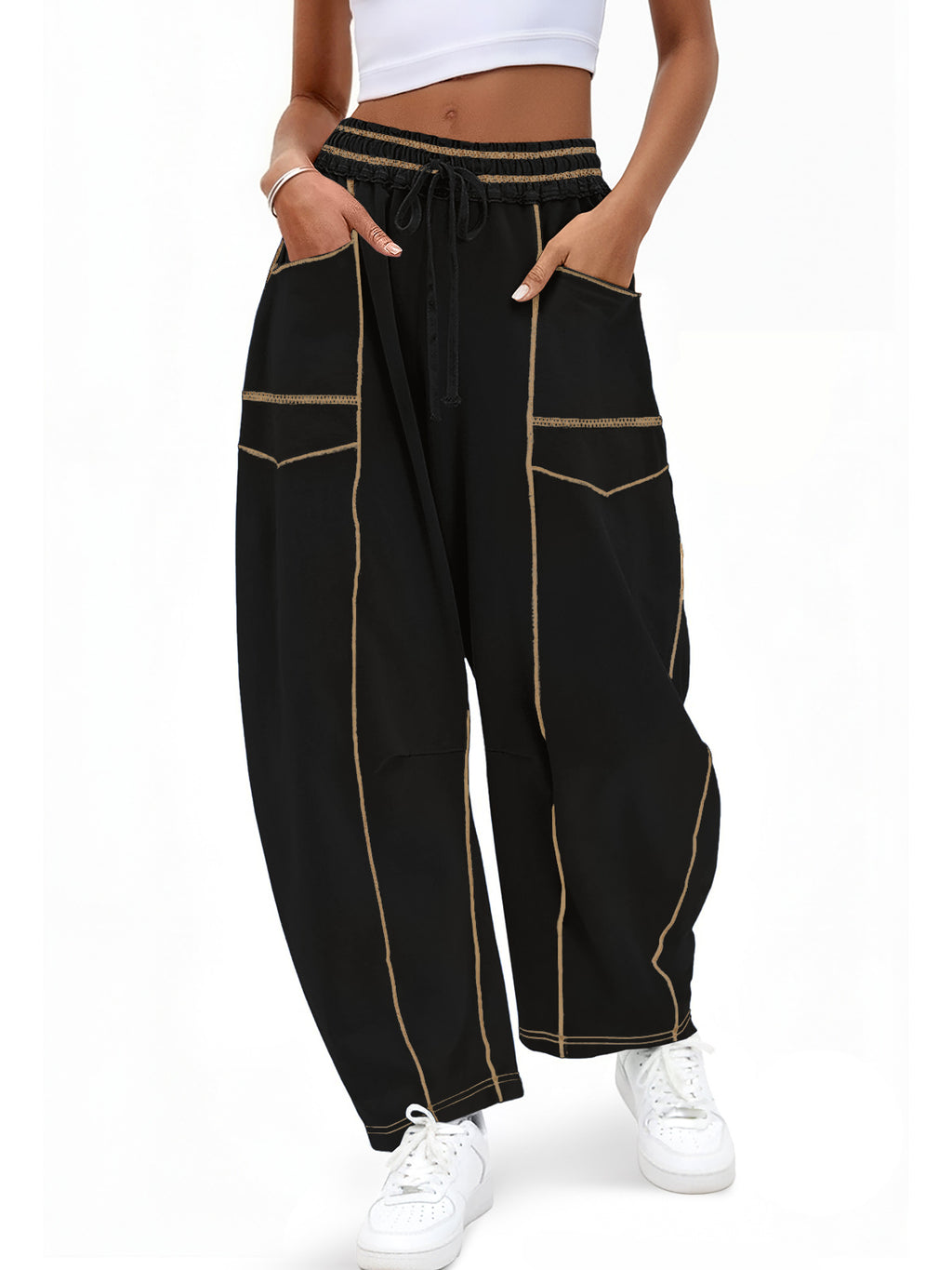 Aoysky Womens Black Wide Leg Barrel Pants