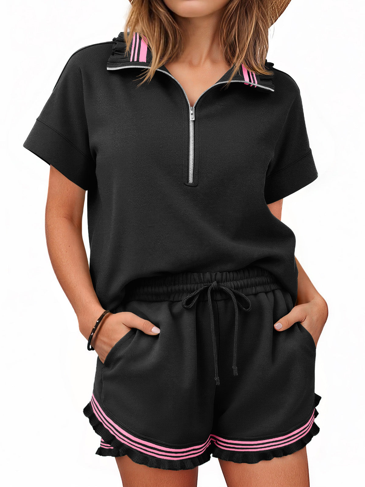 Aoysky Womens Black Ruffle Short Set