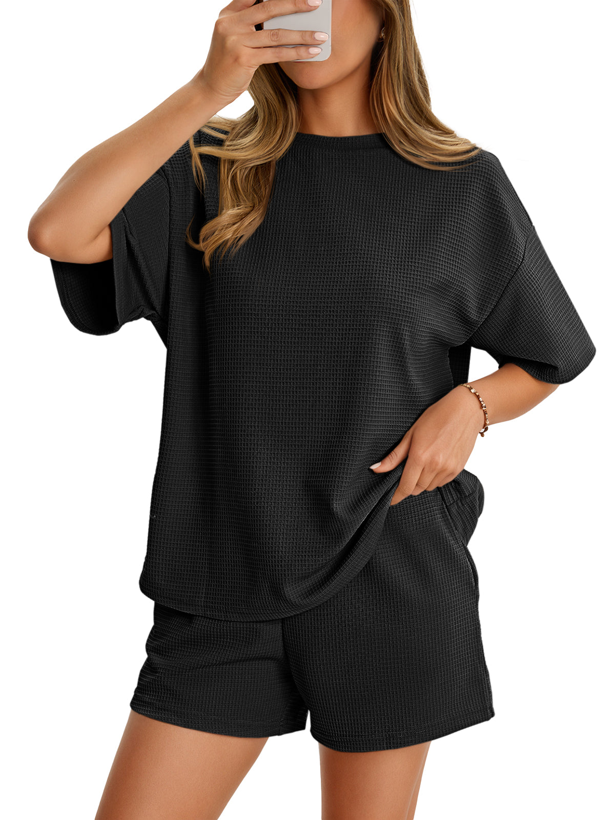 Aoysky Womens Black Waffle Knit Short Set